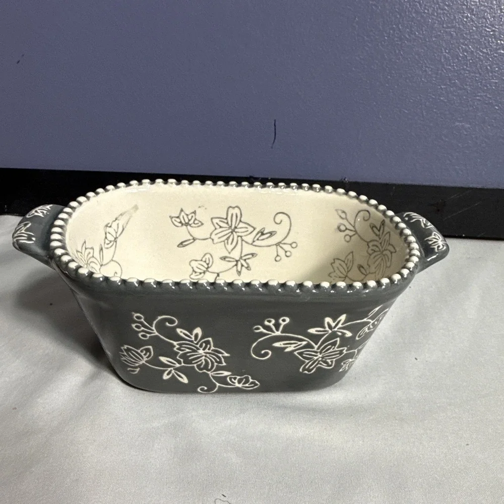 Temptations Floral Lace Ceramic Loaf Pan Gray/White 12 oz Oven Safe 450°F